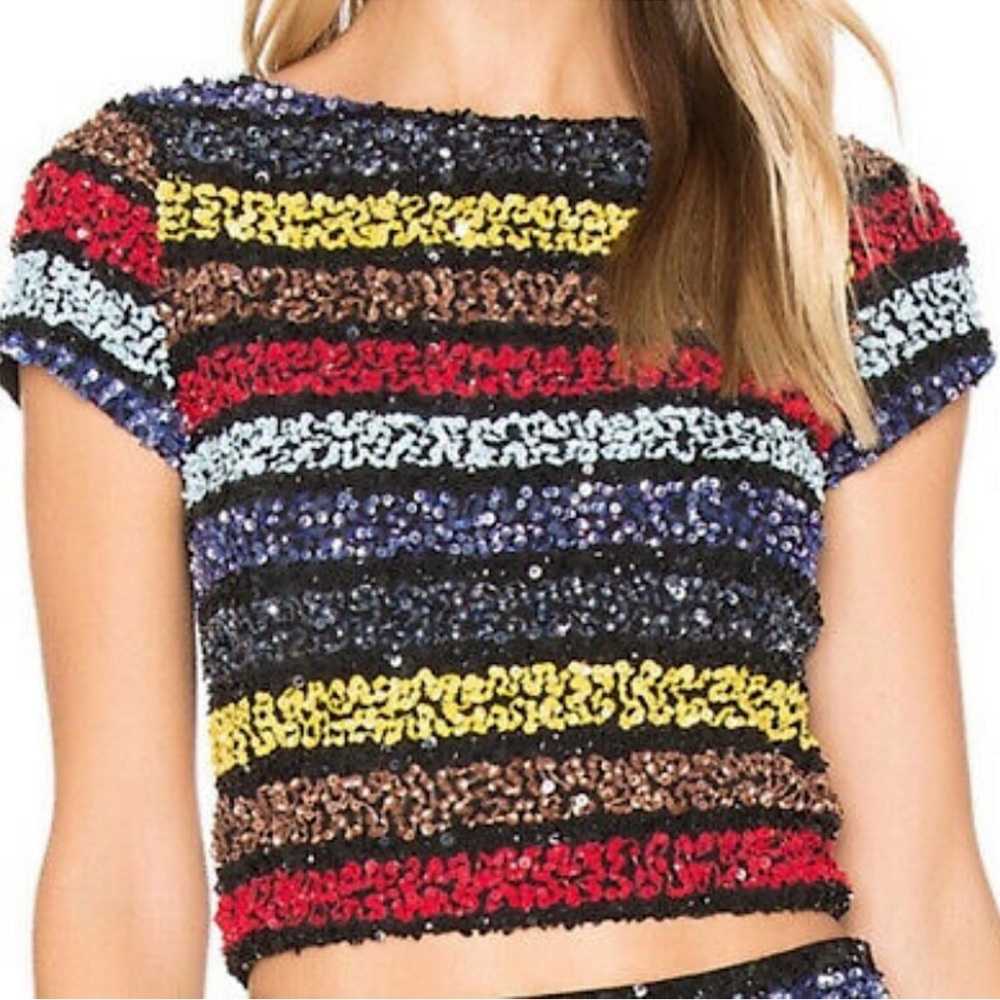 Alice + Olivia Sequin Striped Crop Top - Red, Blue, Yellow, Brown - Picture 3 of 3